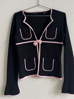 BCBG MaxAzria Black Cardigan with Pink Trim and Bow SZ S